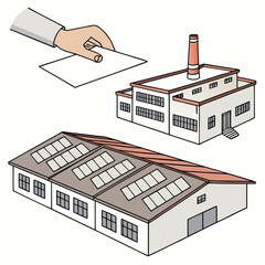 Naklejka premium Of industrial factory rooftops with solar panels and a hand