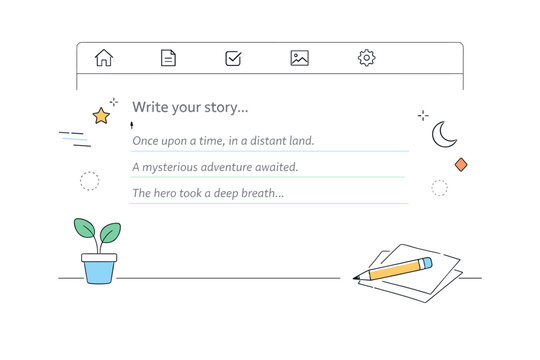 Cursor blinking moments. A digital writing interface with placeholder text and a blinking cursor waiting at the start. Scene focused on