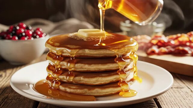 Syrup pouring over pancake stack with butter. Breakfast meal preparation. Delicious brunch food for morning eating.