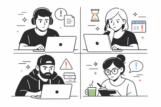 Deadline crunch focused expressions. Team members on split screens with serious faces, minimal gestures, and synchronized attention. Collective focus and