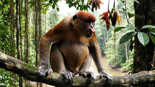 Proboscis monkey sitting on tropical tree branch, mouth open in frames one and two, then looking down in frame three, showing its natural habitat in asia.