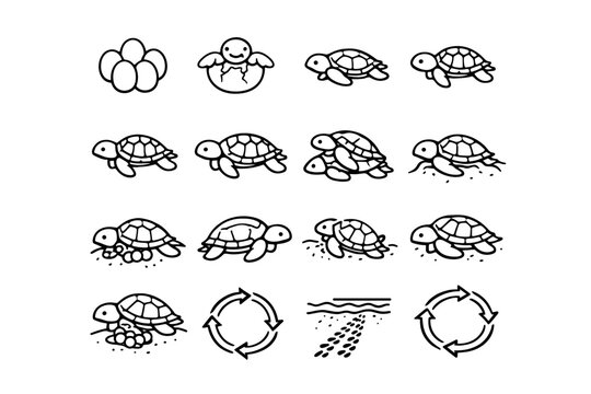 Turtle Life Cycle. Line icon set of Turtle Life Cycle: turtle egg, hatching turtle, crawling hatchling, juvenile turtle, growing turtle,