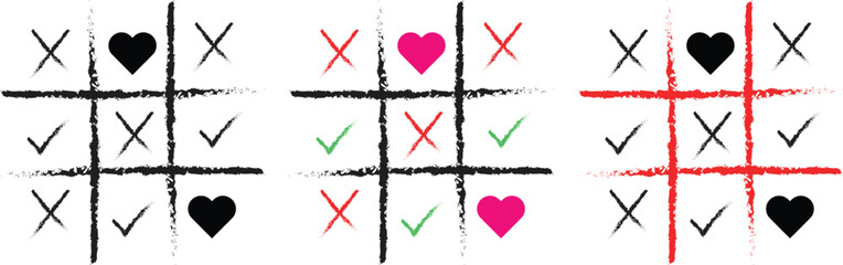 Tic Tac Toe Love Game Concept &ndash; Heart and Cross Hand Drawn Grunge Style Vector Illustration