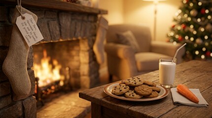Fototapeta premium A cozy Christmas scene, featuring a fireplace with stockings, cookies, a glass of milk and a carrot, Christmas decorations