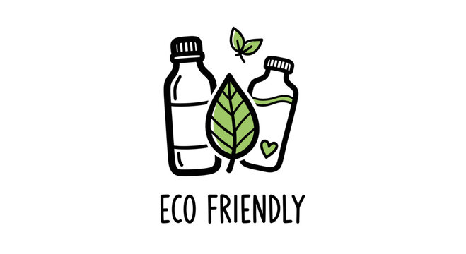 Two glass bottles with leaves showcase the concept of eco-friendliness and promote sustainable practices. Great for illustrating environmental awareness and reusable containers.
