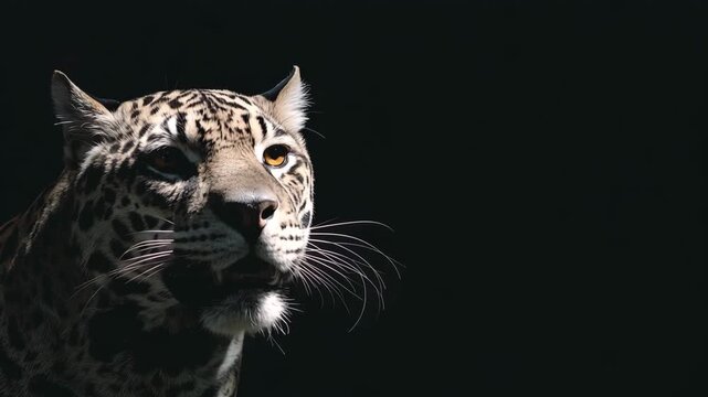 Majestic leopard portrait looking up from shadows on black background