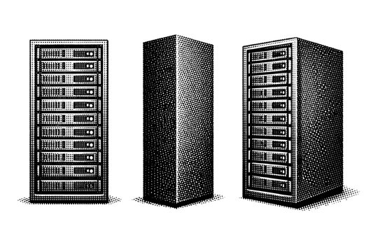 Black and white halftone tech icon server rack A data server rack is depicted as a single object shown from three different views: front view, side view, and