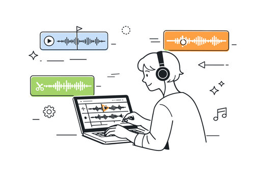 Podcast recording. Person editing audio on a laptop with waveform panels and markers floating nearby, calm technical focus and creative refinement mood.
