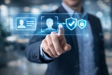 Obraz premium KYC identity verification with face scan and ID document hologram