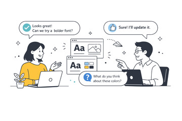 Naklejka premium Creative review feedback loops. Two colleagues exchange feedback through chat bubbles during a remote design review. Clear digital