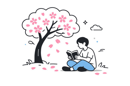 Quiet Hanami moment. A person sitting alone under a cherry tree, reading a book with scattered petals around. Reflective and serene