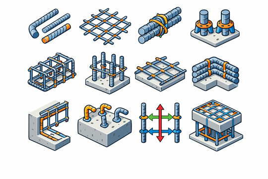 Rebar Reinforcement Detail. Colorful isometric vector icons set of Rebar Reinforcement Detail: steel reinforcement bars, rebar mesh, tie wire joints, concrete