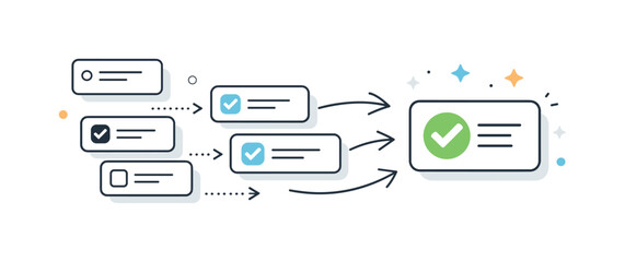 Workflow process with checkmarks and arrows leading to a final approved task