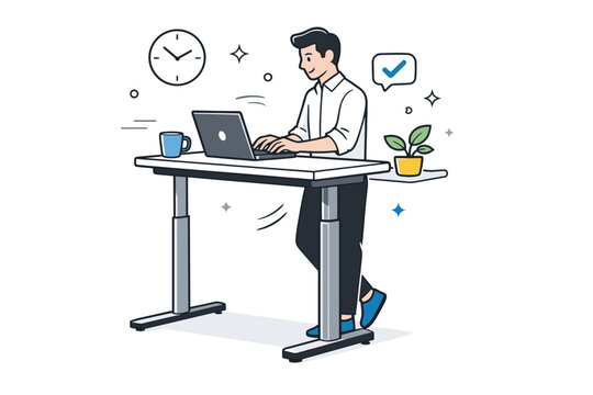 Standing desk work sessions. A focused professional working at a standing desk with a laptop, calm posture and light movement. Healthy productivity and modern