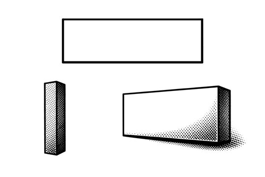 Comic halftone panel set of caption box A comic caption box is shown as a single object from three different views: front view, side view, and three-quarter