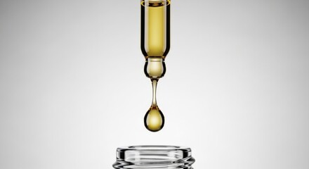 Droplet falls from pipette into glass container on surface