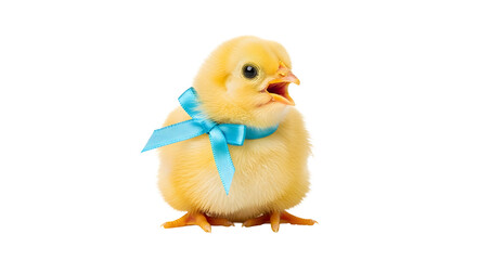 Obraz premium A cute yellow chick with a blue bow on transparent background