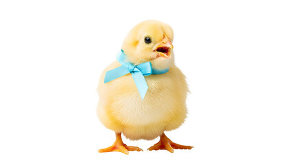 Obraz premium A cute yellow chick with a blue bow on transparent background