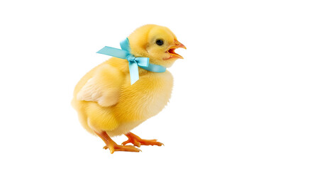A cute yellow chick with a blue ribbon around its neck on transparent background