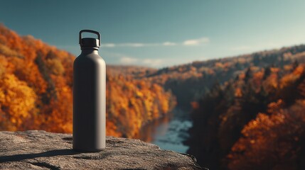 Metal water bottle standing on stone, fall forest, clear blue sky