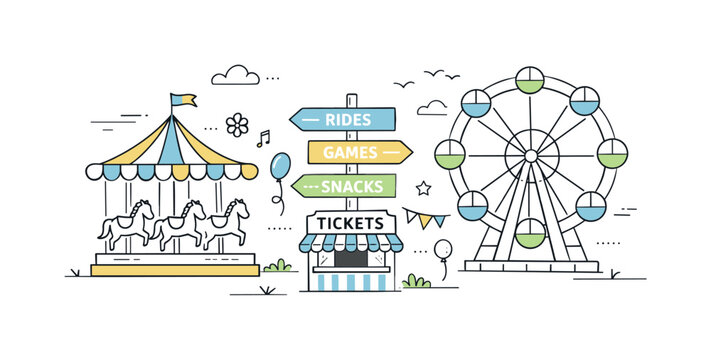 Amusement park scene with carousel, Ferris wheel, and ticket booth in flat design style