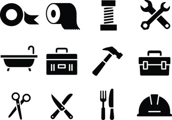 Obraz premium Set of black silhouette hardware icons including hammer wrench toolbox scissors hard hat and bathroom fixtures isolated on white background for industrial design
