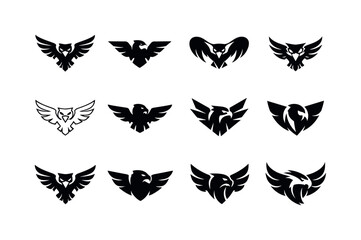 Fototapeta premium Collection of stylized eagle and owl logos in a minimalist black and white design