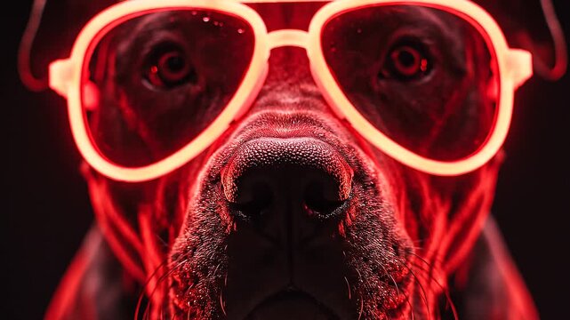 Extreme Close-Up Studio Portrait of a Tough Black Pitbull Wearing Futuristic Neon Red Glowing Aviator Glasses Against a Pitch Black Background