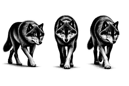 Wolf silhouette a wolf walking forward with head slightly lowered shown in profile view frontal view and angled view emphasizing stride and