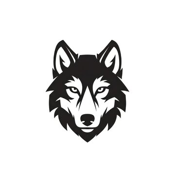 Black and white portrait depicting a wolf's head facing forward with piercing eyes