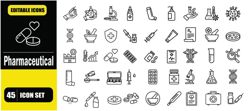 Pharmaceutical Outline Icons Set &ndash; Editable Stroke Linear Pharma and Medicine Icon Collection for Laboratory, Drug Research, Healthcare and Pharmacy Vector Illustration