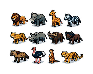 Obraz premium Collection of cute cartoon African safari animals in a row, isolated on white background