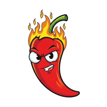 Cartoon chili pepper with angry face and flames. A spicy vegetable with a fiery temper
