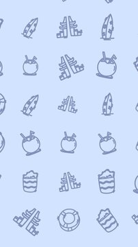 Holiday pattern vertical design with summer elements like surfboards, coconuts, and lifeguard stands, perfect for beachthemed products and promotions.