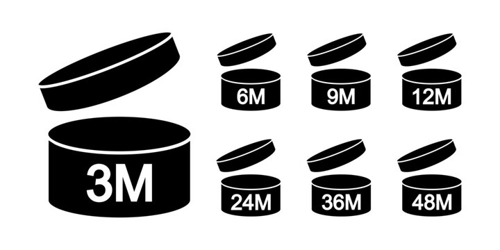 Set of PAO icons. Period after opening symbols. Jars with open lids and months numbers. Product freshness time. Cosmetic validity labels isolated on white background. Vector graphic illustration