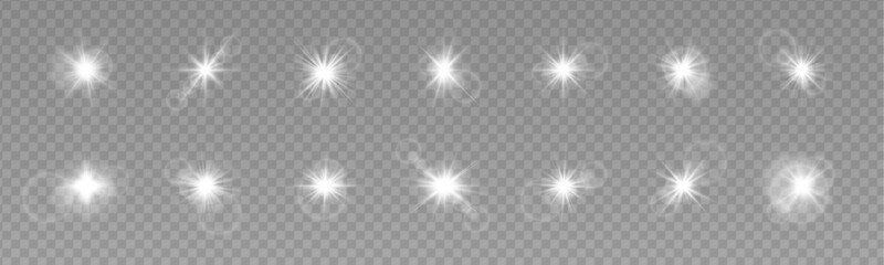 Bright white star flare isolated on transparent background. Shiny lens flash with radiant beams and glow. Vector illustration. © goldstock