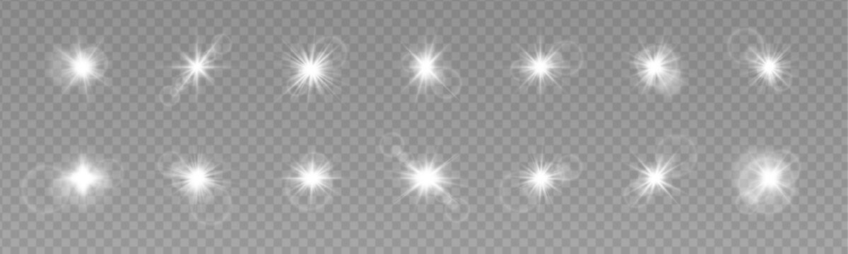 Bright white star flare isolated on transparent background. Shiny lens flash with radiant beams and glow. Vector illustration.