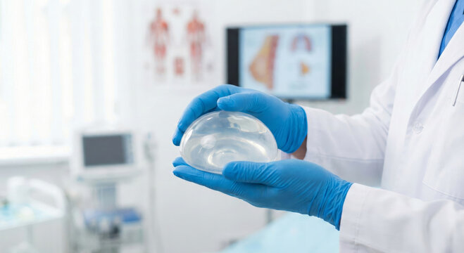 Plastic surgeon holds breast augmentation implant in hands. Close-up of doctor's hands with implant for medical mammoplasty. Concept of plastic surgery, cosmetic effect, mastopexy. Breast implant
