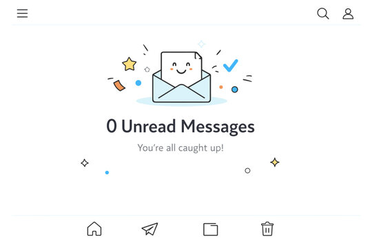 Email inbox zero workflows. Minimal email app interface showing ? unread messages? with small celebratory decorative elements floating