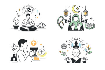 Fototapeta premium Spiritual practices in different religions. Abstract interpretation of spiritual rituals using gestures, light symbols, and flowing shapes.