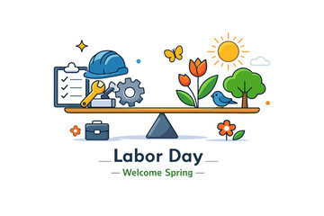 Naklejka premium Labor Day spring concept abstract balance of work icons and nature elements arranged in harmony, communicating productivity, appreciation and