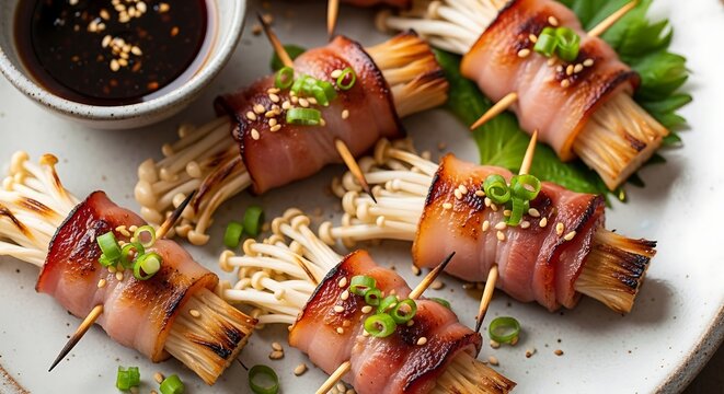 Delicious skewered bacon wrapped enoki mushrooms appetizers on plate