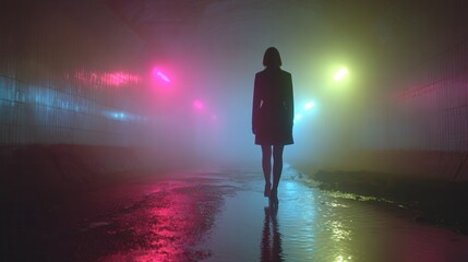 Obraz premium Wide angle shot of a colorful underground tunnel with a lone female silhouette and reflective water surface, dramatic shadows, ultra-realistic.