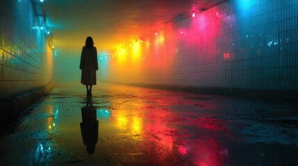 Obraz premium Wide angle shot of a colorful underground tunnel with a lone female silhouette and reflective water surface, dramatic shadows, ultra-realistic.