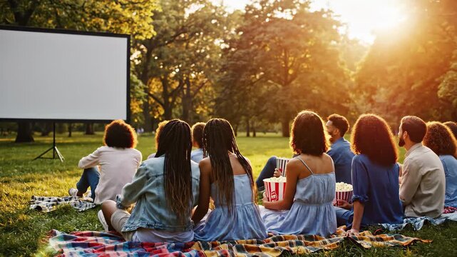 Diverse group of friends enjoying an outdoor movie screening in a sunny park setting