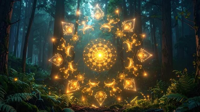 Glowing geometric pattern superimposed on a forest scene