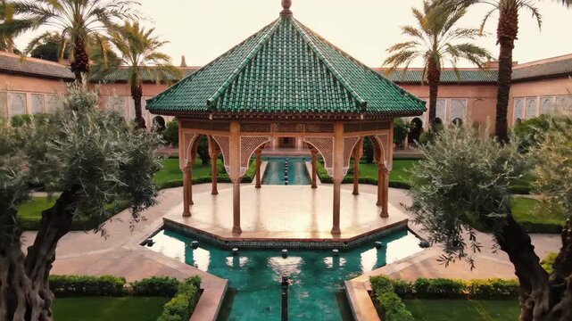 Luxurious moroccan courtyard with gazebo, water feature, and ancient olive trees at sunset