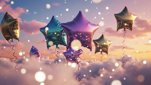 Colorful starshaped foil balloons floating above clouds at sunset with bokeh lights