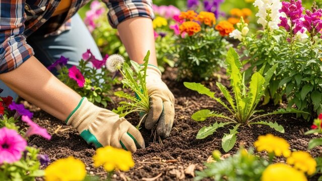 Gardener tending a vibrant flower bed, pulling weeds with gloved hands