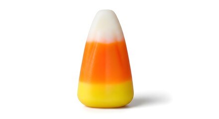 A single piece of colorful candy corn on a white background